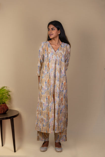 Abstract Floral Chanderi Silk Kurta Set